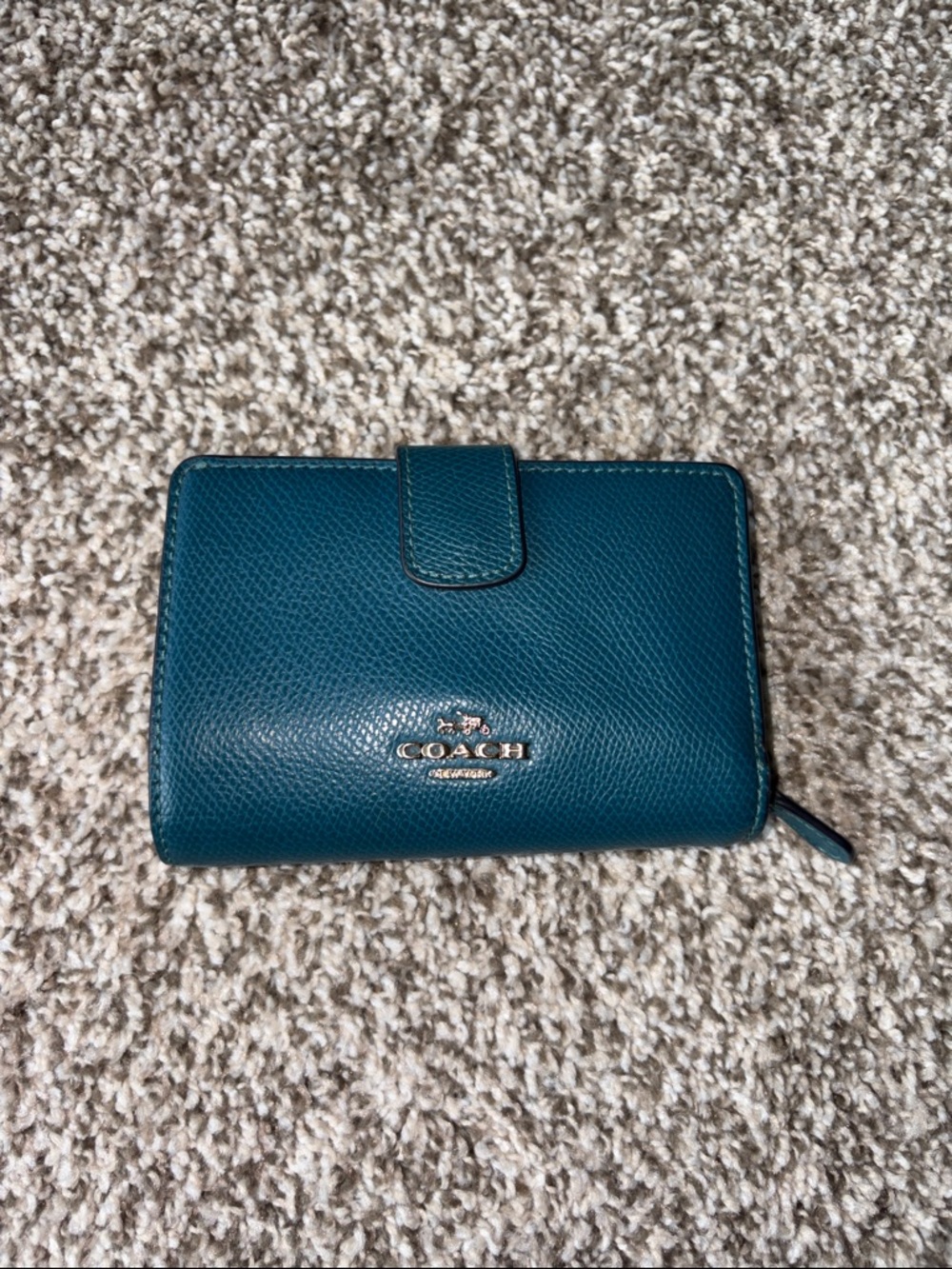 Coach Teal Pebbled Leather Wallet with Gold Logo